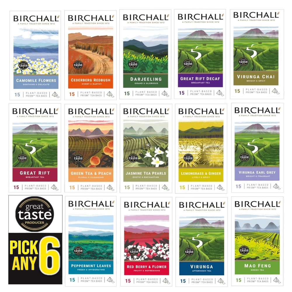 Birchall Plant Based Prism Tea Bags Pick Any 6 packs from 14 Flavours: Darjeeling, Great Rift Breakfast, Great Rift Decaf, Virunga Afternoon, Virunga Chai, Mao Feng Green Tea, Jasmine Tea Pearls Etc.