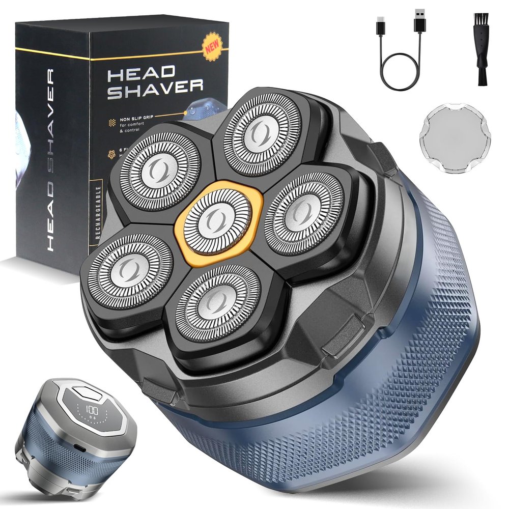 Journeyside Bald Head Shaver for Men, Bald Head Razor 6D Blade Double Track Flexible, Professional Men's Bald Hair Clipper IPX7 Cordless Bald Electric Shaver Beard, Dry and Wet Use