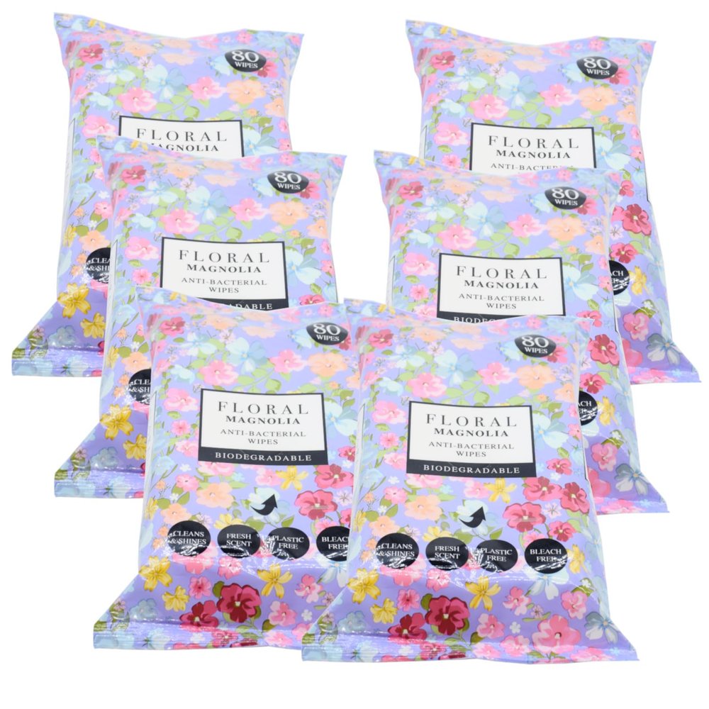 6x Floral Anti-Bacterial Wipes - Magnolia - 80 Wipes Each