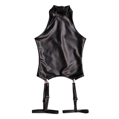Anybird Women Sexy Sleeveless Faux Leather Vest Top with Leg Loops Oily Latex Ammonia One Piece Bodycon Leotard Clubwear,Black,M