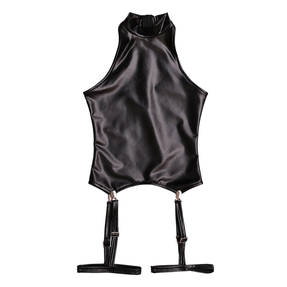 Anybird Women Sexy Sleeveless Faux Leather Vest Top with Leg Loops Oily Latex Ammonia One Piece Bodycon Leotard Clubwear,Black,M