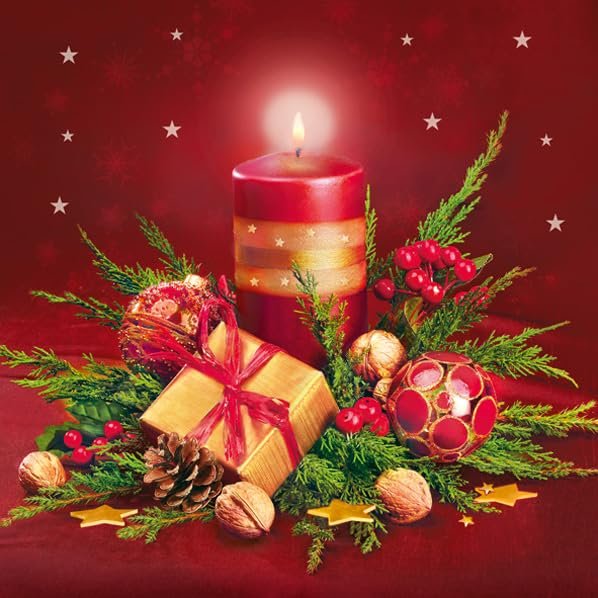 3-Ply Maki Xmas Decoupage Tissue Paper Napkins Decorative Christmas Serviettes 33cm x 33cm - Pack of 20 (Red Candle Rich Composition)