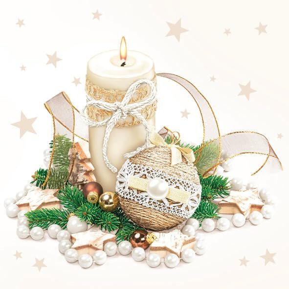 3-Ply Daisy Xmas Decoupage Tissue Paper Napkins Decorative Christmas Serviettes 33cm x 33cm - Pack of 20 (Eco Bauble & Candle)