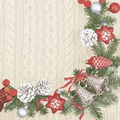 3-Ply Daisy Xmas Decoupage Tissue Paper Napkins Decorative Christmas Serviettes 33cm x 33cm - Pack of 20 (Silver Red Wreath on Knitted Cloth)