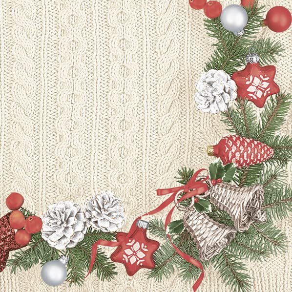 3-Ply Daisy Xmas Decoupage Tissue Paper Napkins Decorative Christmas Serviettes 33cm x 33cm - Pack of 20 (Silver Red Wreath on Knitted Cloth)