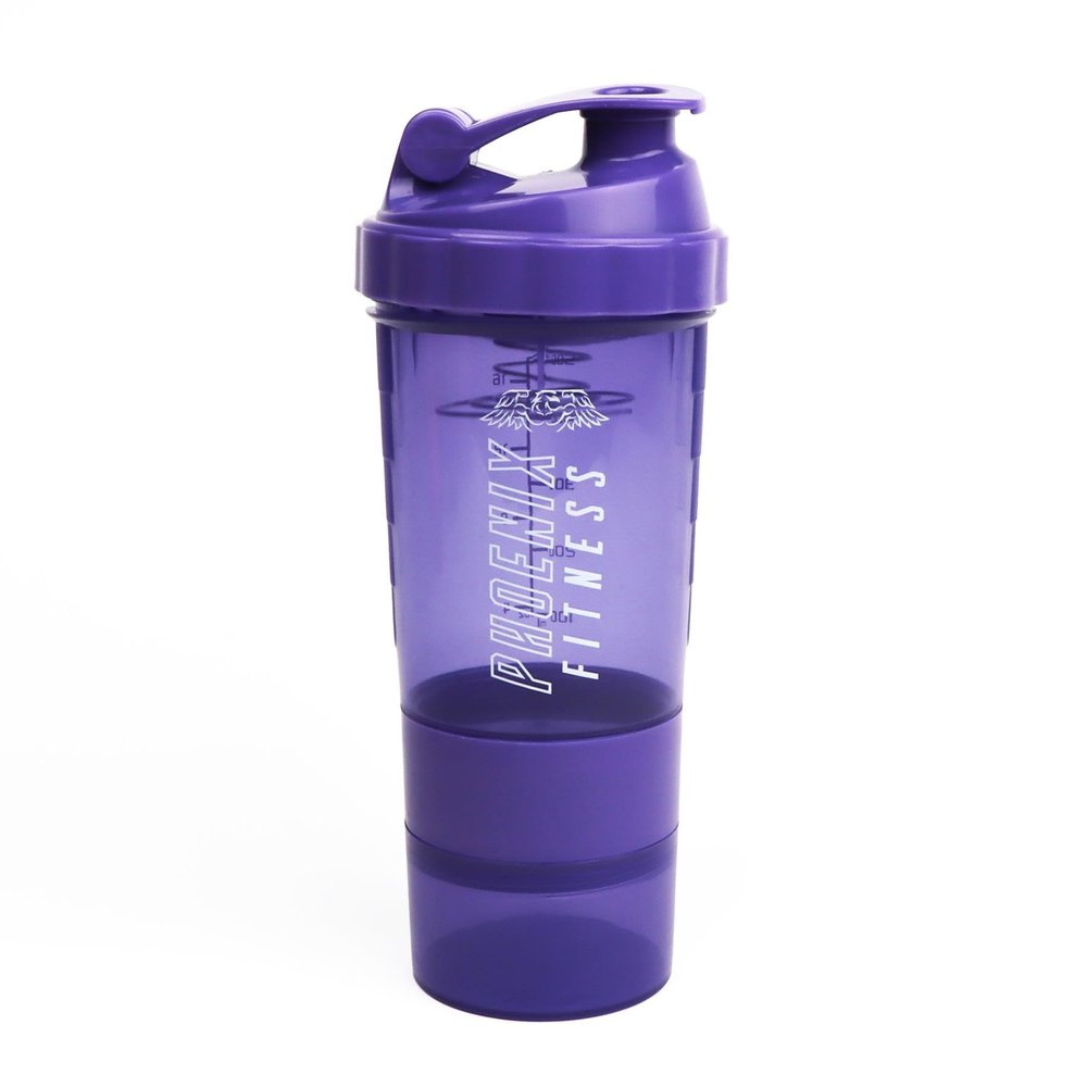 Phoenix Fitness Protein Shaker Bottle with Storage Compartments - 500ml Leakproof BPA Free Easy Clean Bottle for Powder Shakes, Supplements, Vitamins & Snacks - Purple