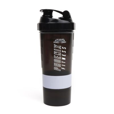 Phoenix Fitness Protein Shaker Bottle with Storage Compartments - 500ml Leakproof BPA Free Easy Clean Bottle for Powder Shakes, Supplements, Vitamins & Snacks - Black