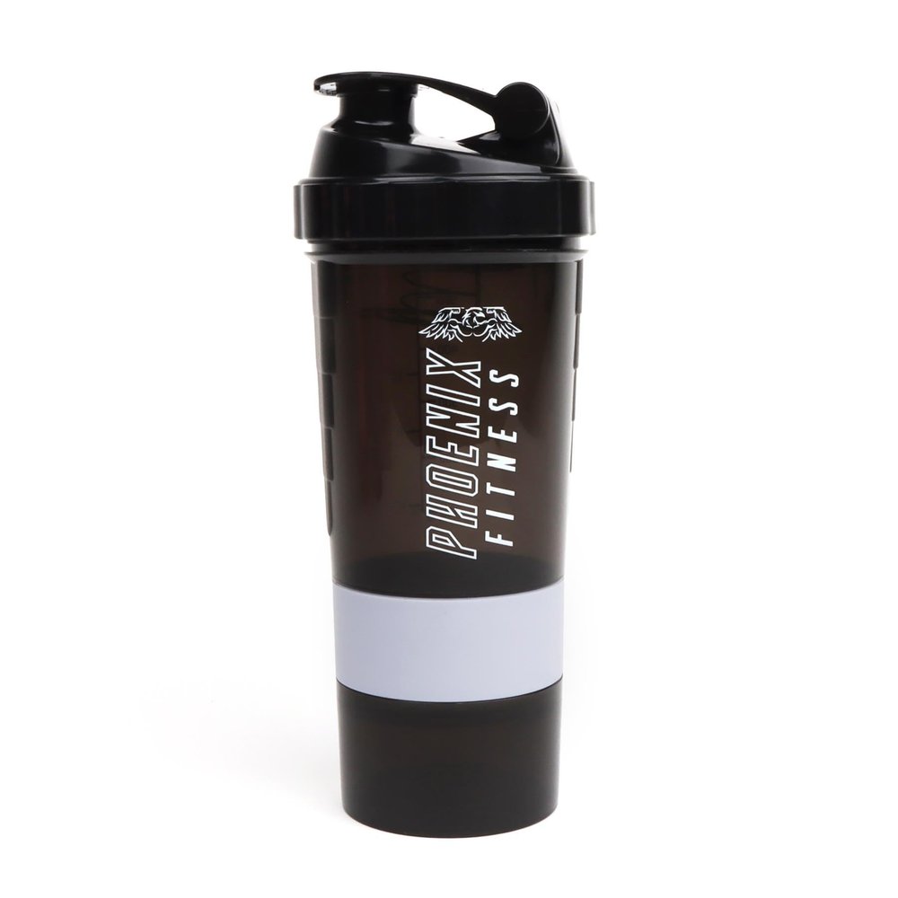 Phoenix Fitness Protein Shaker Bottle with Storage Compartments - 500ml Leakproof BPA Free Easy Clean Bottle for Powder Shakes, Supplements, Vitamins & Snacks - Black