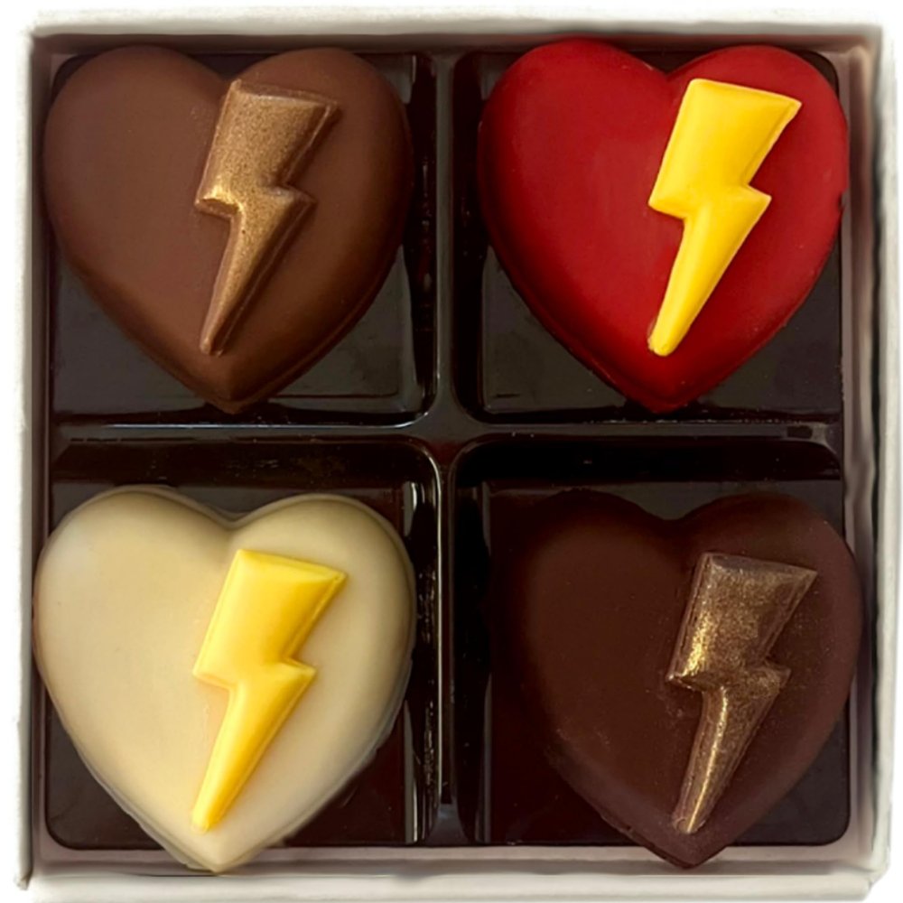 Choc on Choc - Love Struck Chocolate Box - Handmade Belgian Chocolate Gift - Milk, Dark & White Chocolate Hearts with Lightning Bolts - Romantic Valentines Day Treat - 175g