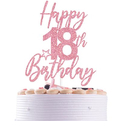 Pink Glitter Happy 18th Birthday Cake Topper, 18 Years Old Birthday Cake Dcor, Funny 18th Birthday Party Decorations Supplies for Adult Boys Girls