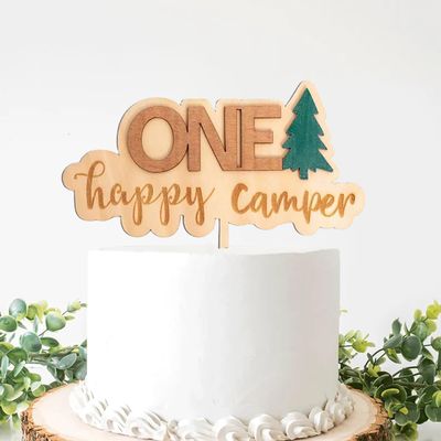 Wooden One Happy Camper Cake Topper,Camping Birthday Party Decoration,First Birthday Cake Decoration for Baby Shower, 1st Birthday Party, Anniversary, Baby Photo Booth Props
