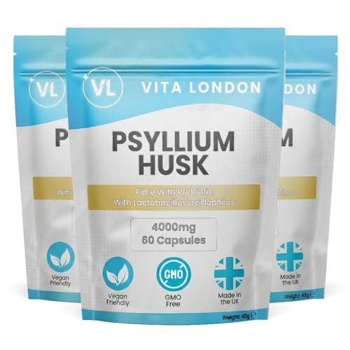 Psyllium Husk Capsules 4000mg | Fibre Supplement with Acidophilus Probiotic | 180 Capsule for Men & Women (Not Powder or Tablets) | Vegan, UK Made