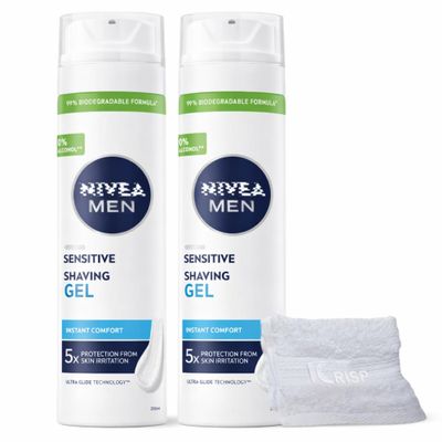 2 X 200ml Shaving Gel for Men - Soothing Formula, Ideal for Sensitive Skin Type - Clear Gel, Gentle Men's Shave gel With Soft Aftershave KRISP Towel (Packaging may vary)