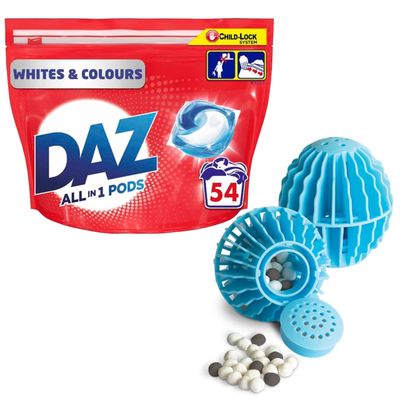 Katsy Style Airpure IncredIBalls Scented Laundry Washing Balls Starter Pack, Clean Skies + Daz All-In-1 Pods Washing Liquid Capsules For Whites & Colours 54 Washes