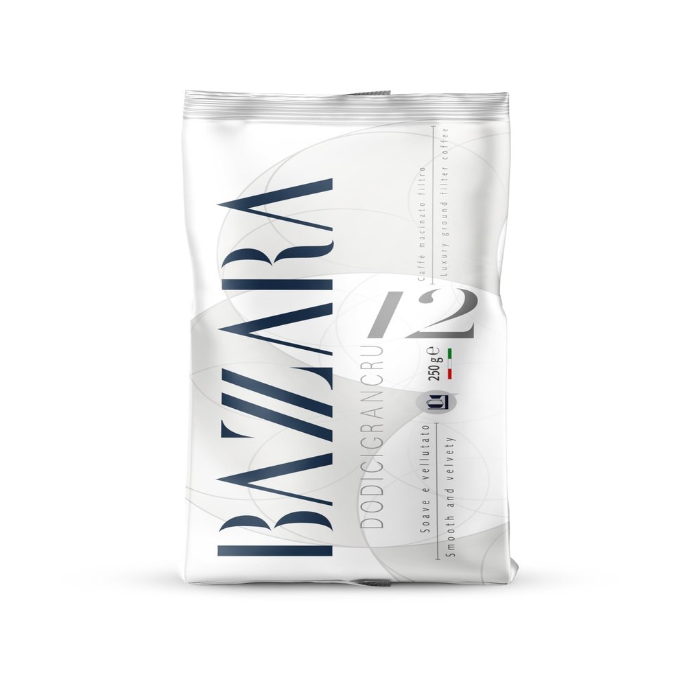 BAZZARA Dodicigrancru Coffee Beans - Medium Roast Whole Coffee Beans - 250 g. bag - 12 Origin Arabica Blend - Made in Italy - Aroma Saving Valve