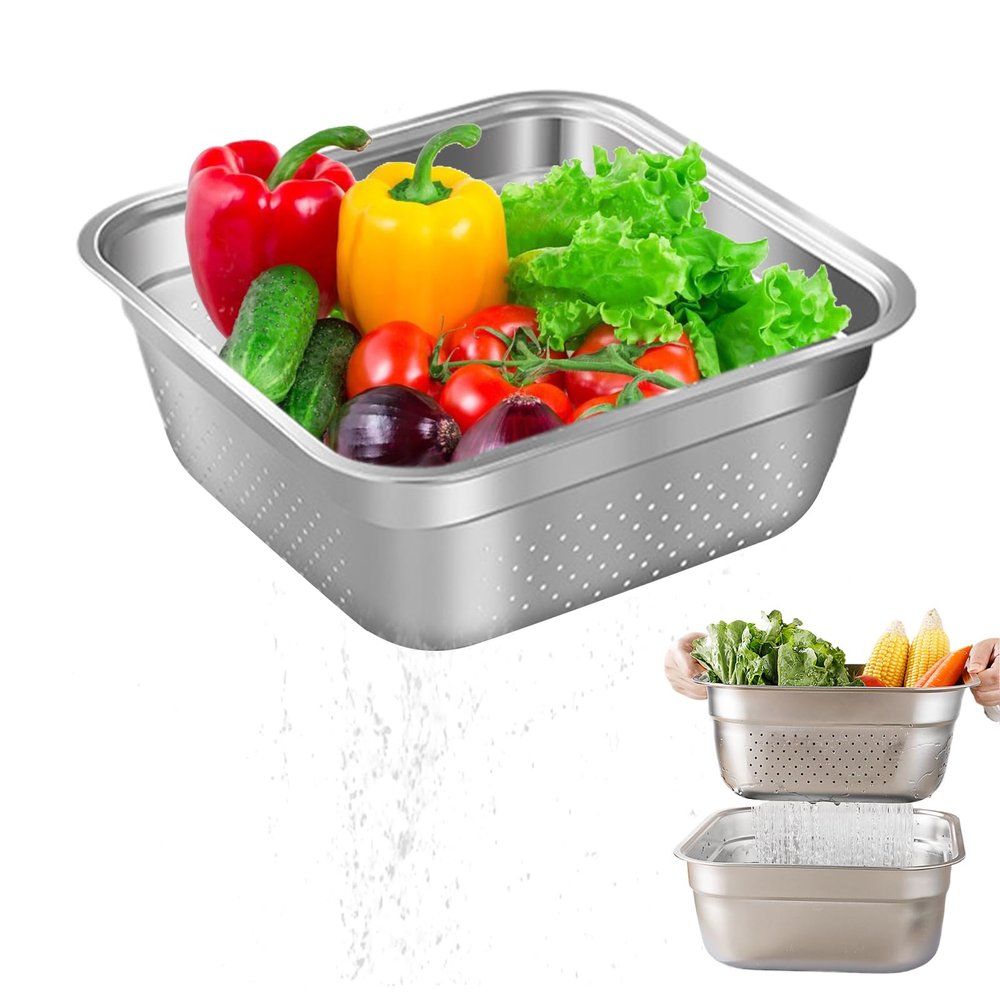 Dish Tub for Kitchen Sink, Dish Tub for Kitchen Sink Large Capacity Stainless Steel Basin with Rolled & Wide Edge Stackable Washing Basket for Fruit Vegetable Kitchen Accessories, with Drain Hole Was