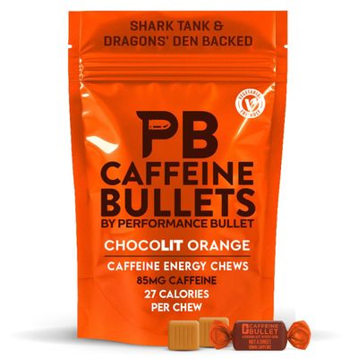 Caffeine Bullet Energy Chews - Chocolate Orange. 80 * 85mg - Faster Kick Than Pills, Gels and Gum. Sport Science for Running, Cycling, Gaming & A Pre Workout Endurance Boost.