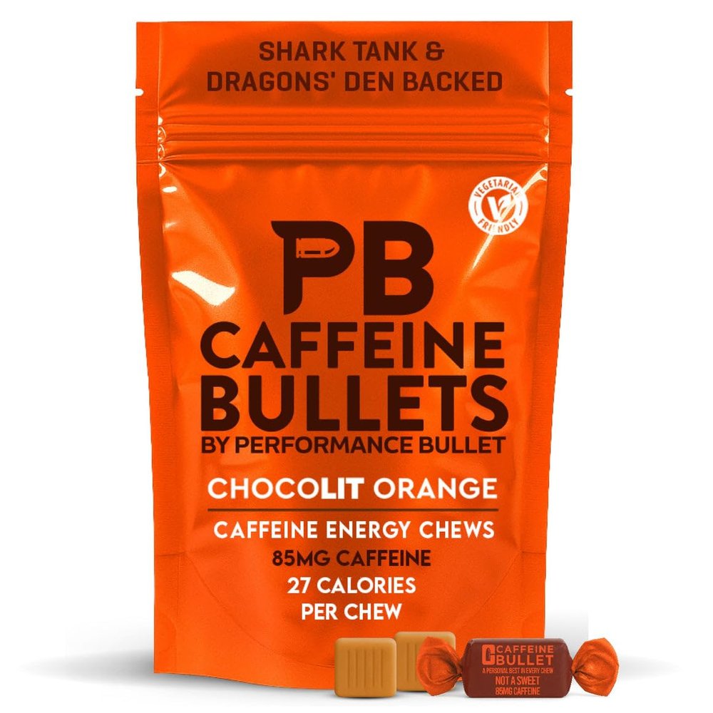 Caffeine Bullet Energy Chews - Chocolate Orange. 80 * 85mg - Faster Kick Than Pills, Gels and Gum. Sport Science for Running, Cycling, Gaming & A Pre Workout Endurance Boost.