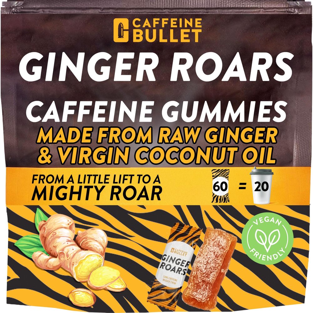 Ginger Roars - 120 Energy Gummies - Vegan Caffeine Chews Each 33mg Caffeine, Made from Root Ginger with a Tasty, Natural Fiery Kick for Improved Running, Cycling, preworkout & Focus.
