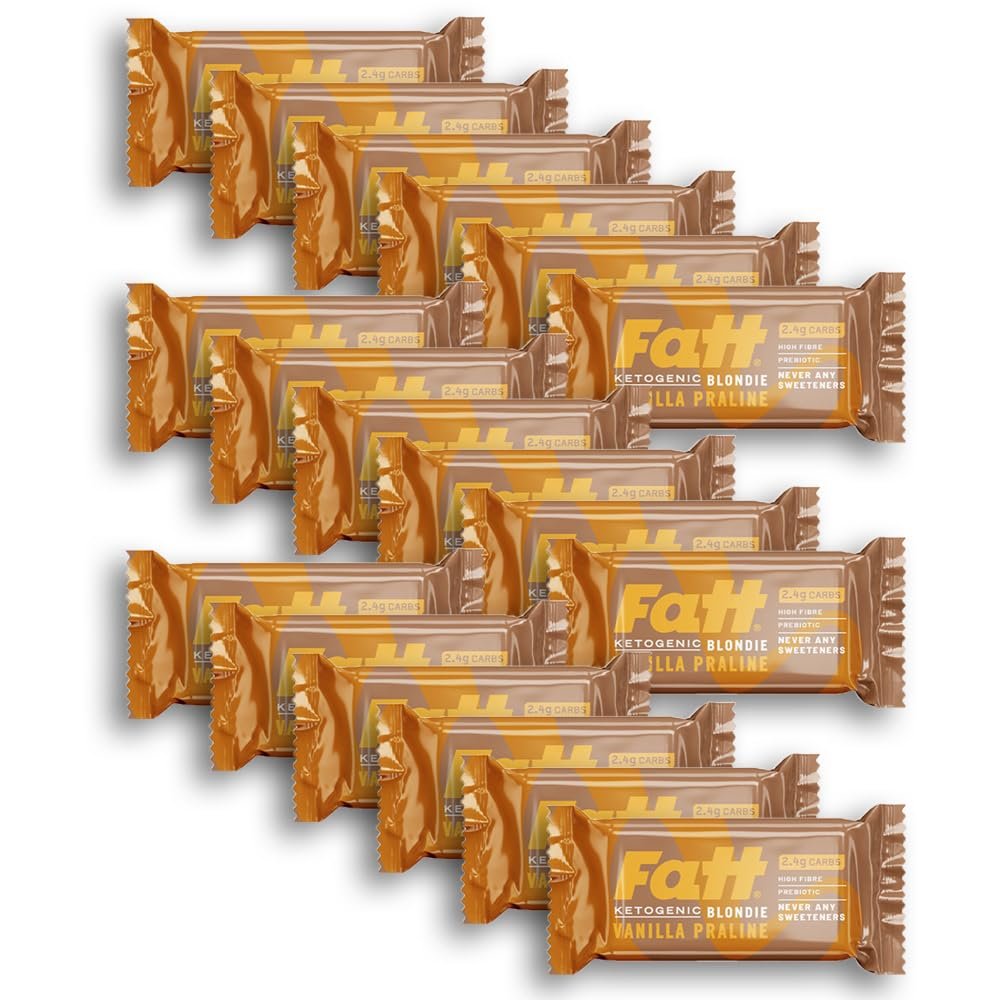 Fatt Keto Blondie (Vanilla Praline), 2.4g Carbs, No Sweeteners, Low Sugar, Low Carb, High Prebiotic Fibre, No Seed/Palm Oils, Made in the UK (Pack of 18)