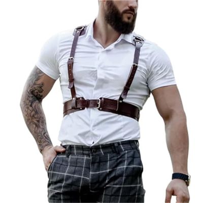 BDSMadult men's leather - durable, breathable, adjustable brown sex, equipped with ear straps and comfortable pads, suitable for various occasions, sexy punk style chest strap