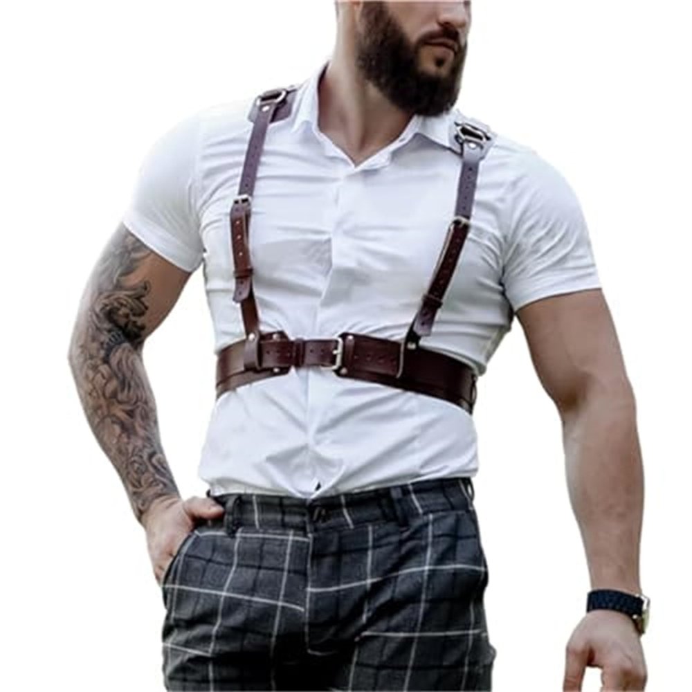 BDSMadult men's leather - durable, breathable, adjustable brown sex, equipped with ear straps and comfortable pads, suitable for various occasions, sexy punk style chest strap