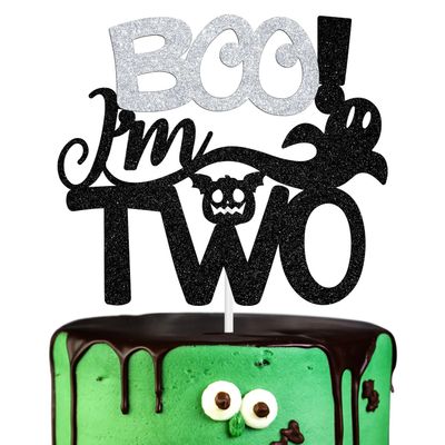 Boo I'm Two Cake Topper, The Spooky Two/Baby Boo, Halloween Themed Baby's 2nd/Baby Shower Party Decorations Supplies, Black Glitter