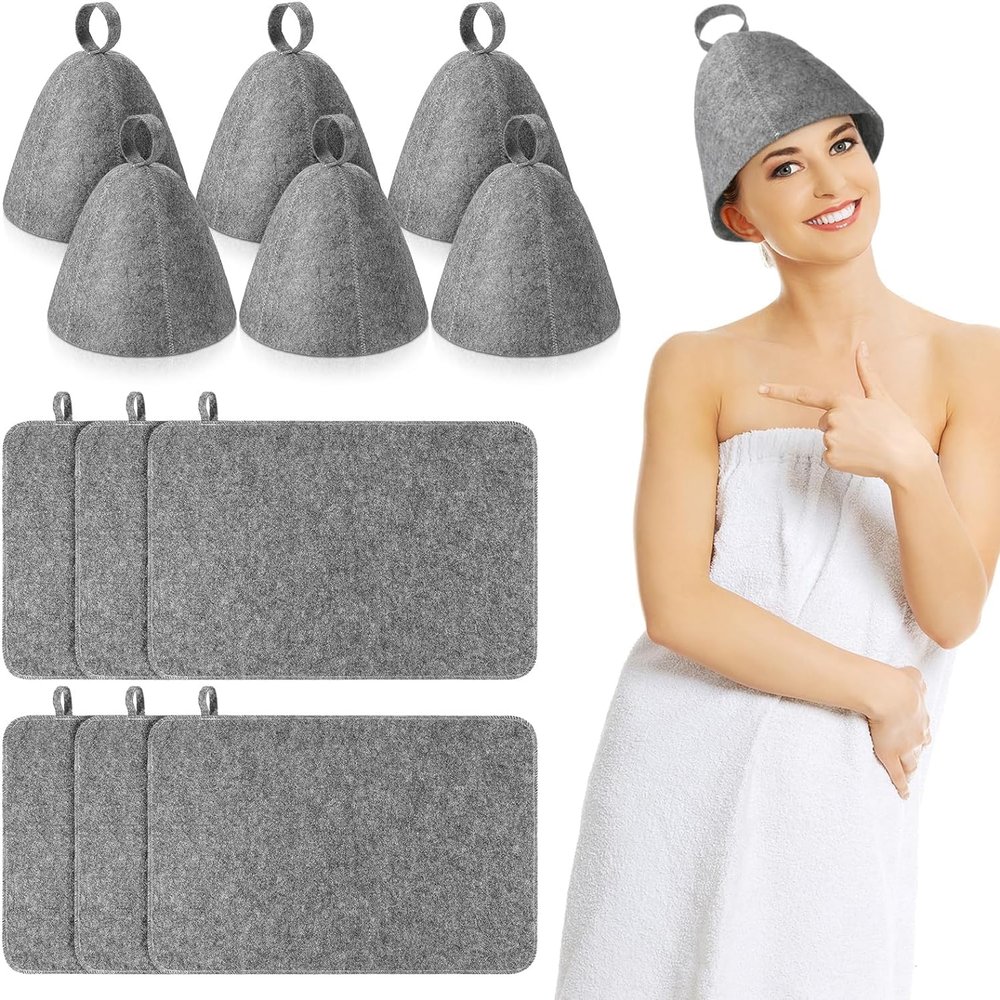 12 Pieces Sauna Accessories 6 Pieces Felt Sauna Hat 6 Pieces Banya Heat Insulation Sauna Mat Absorbent Head Protection Vaporarium Hat for Hair Men Women Bath Shower Gift, Gray