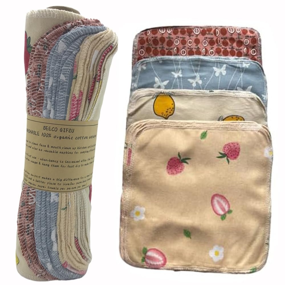 BEECO GIF2U Reusable Paper Towel Rolls 20 Pack,Washable Napkin Cloth Value Set of 4 Colors 20 Pack of Paperless Towel-100% Cotton, Super Soft, Absorbent Made to Last (Strawberries)