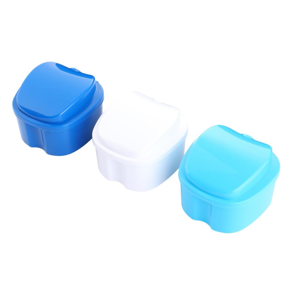 COLLBATH Denture Case with Strainer 3pcs Set, Non-Toxic Plastic Retainer and False Tooth Storage Boxes in White, Light Blue, Dark Blue for Oral Care and Travel Use
