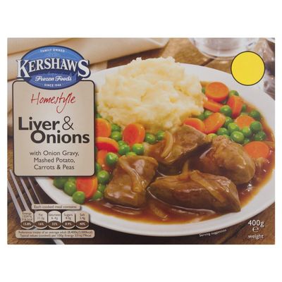 Kershaws Homestyle Liver & Onions with Onion Gravy, Mashed Potato, Carrots & Peas 400g 400g  12