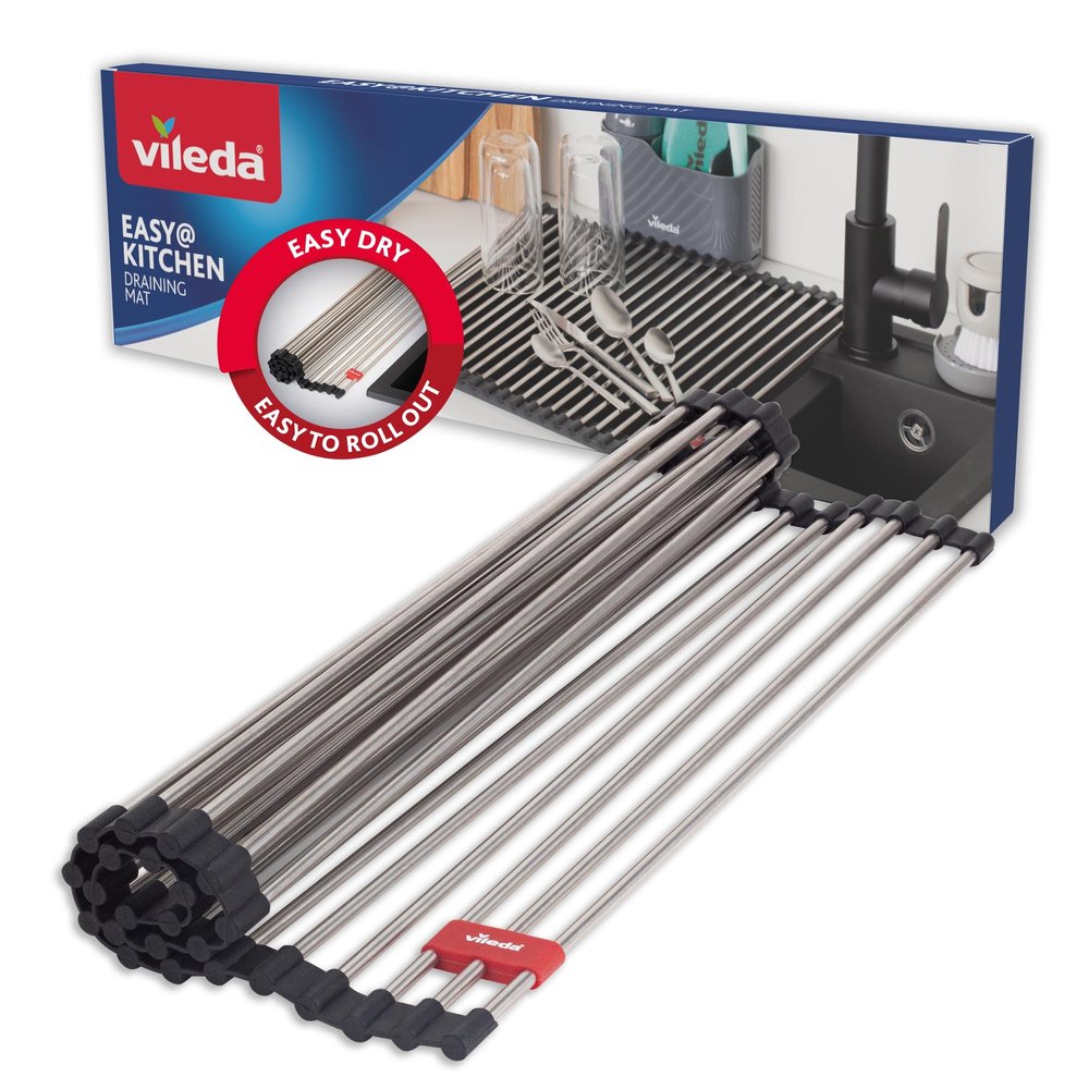 Vileda Roll Up Dish Drainer 45 x 40 cm Stainless Steel Draining Rack