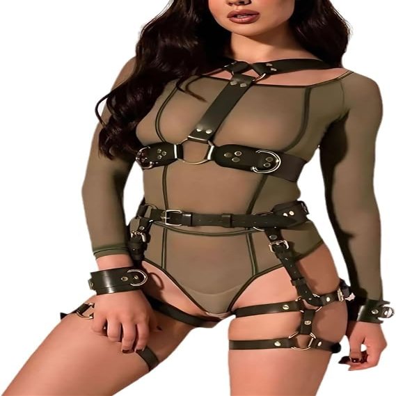 BDSM adult women's sexy adjustable environmentally friendly PU leather restraint set, including chest strap, waist strap, and leg strap, suitable for women's various wearing styles and parties