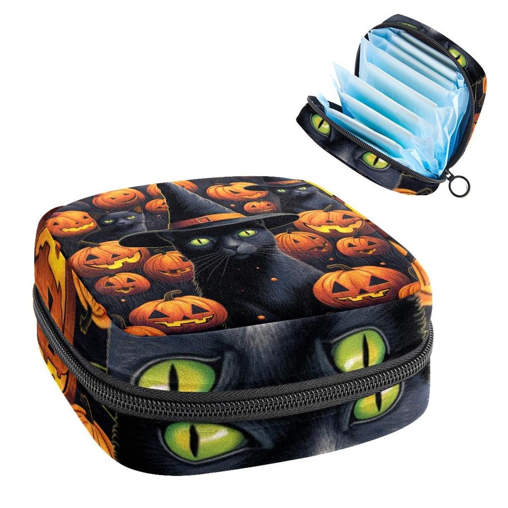 Period Kit Bag for Girls Women Ladies, Halloween Black Cat Pumpkin-868 Sanitary Napkin Disposal Bags, Large Capacity Zipper Menstrual Pad Pouch
