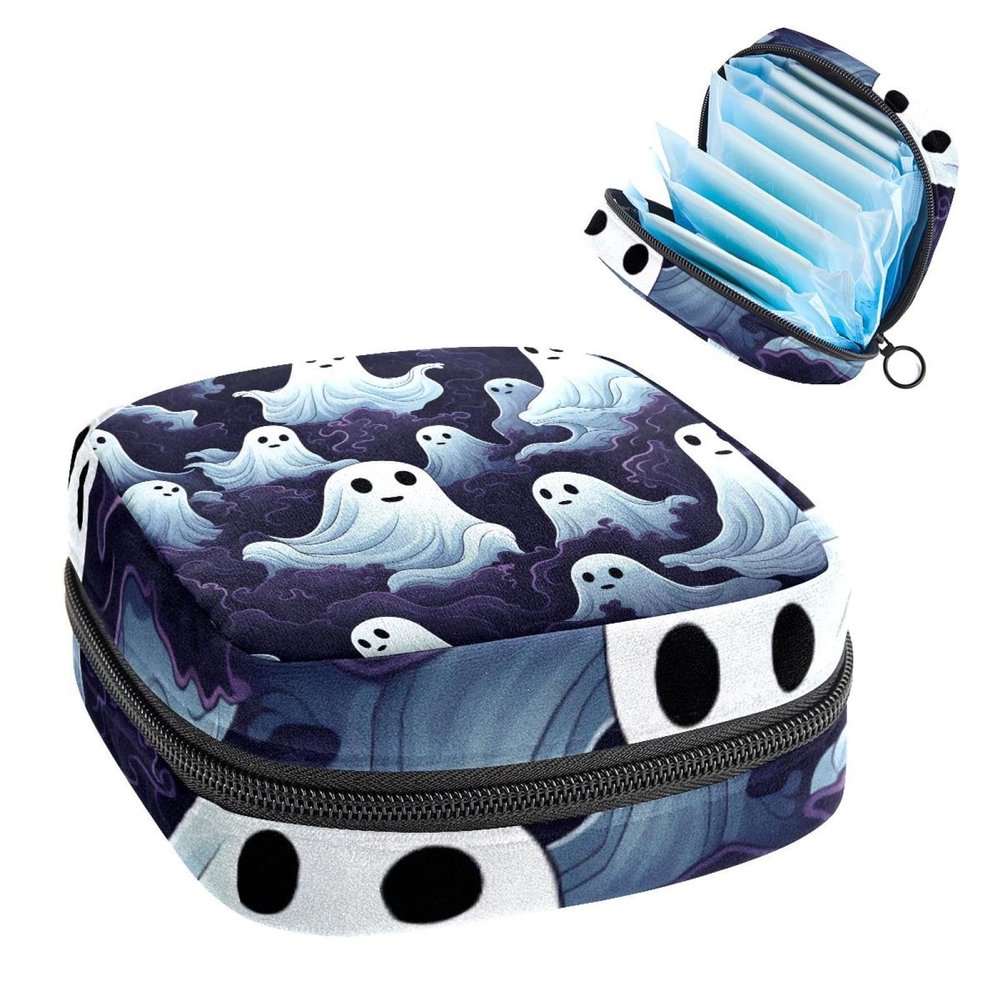 Zipper Menstrual Cup Pouch, Sanitary Napkin Storage Bags, Halloween Ghost-83 Soft Tampons Collect Holder Purse for Girls Women Ladies Feminine