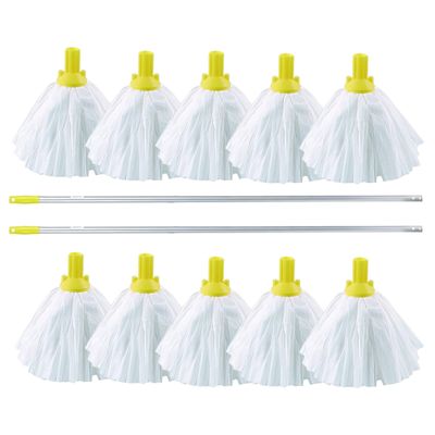 10 Big White Disposable EXEL Mop Heads with 2 Colour Coded Handle (Yellow)