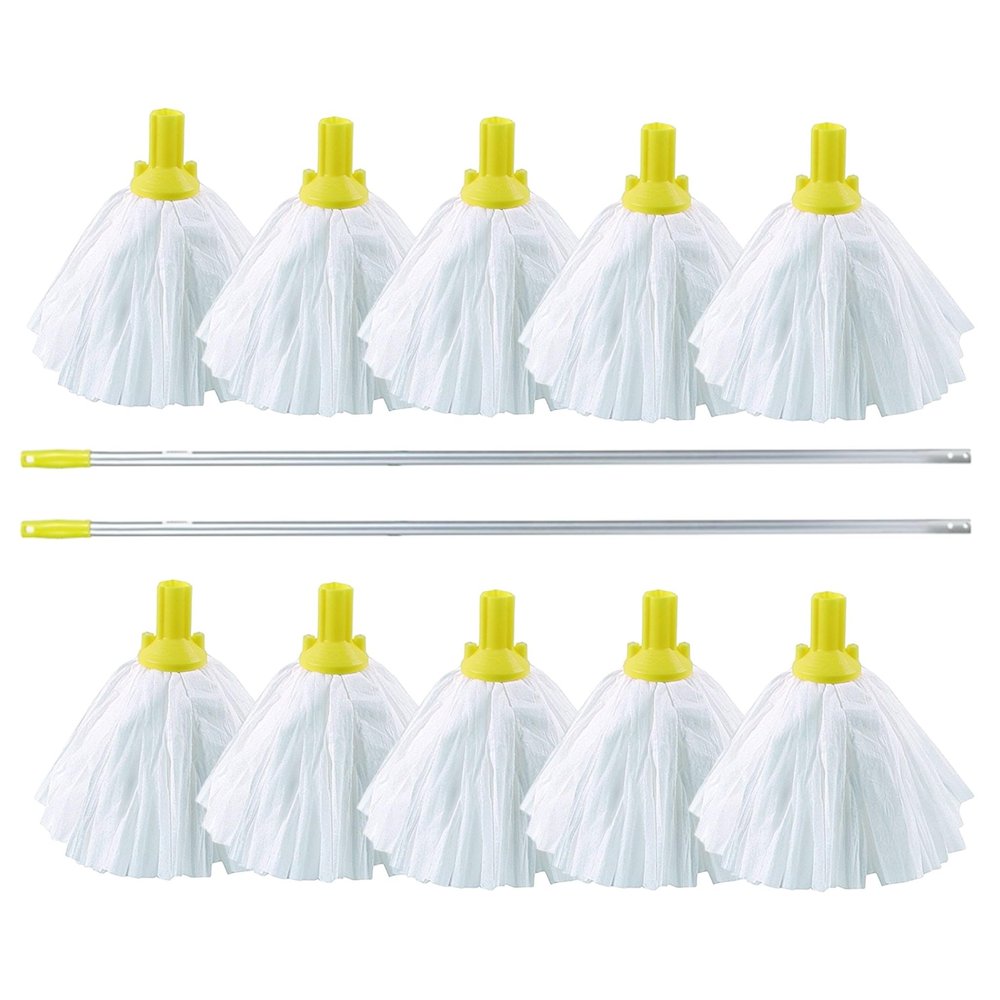 10 Big White Disposable EXEL Mop Heads with 2 Colour Coded Handle (Yellow)