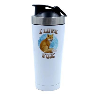 I love Fox, Animal Lover Gift, 500ml Aluminium Shaker Bottle for Supplement Shakes - Easy Clean, Durable Cup. (White)