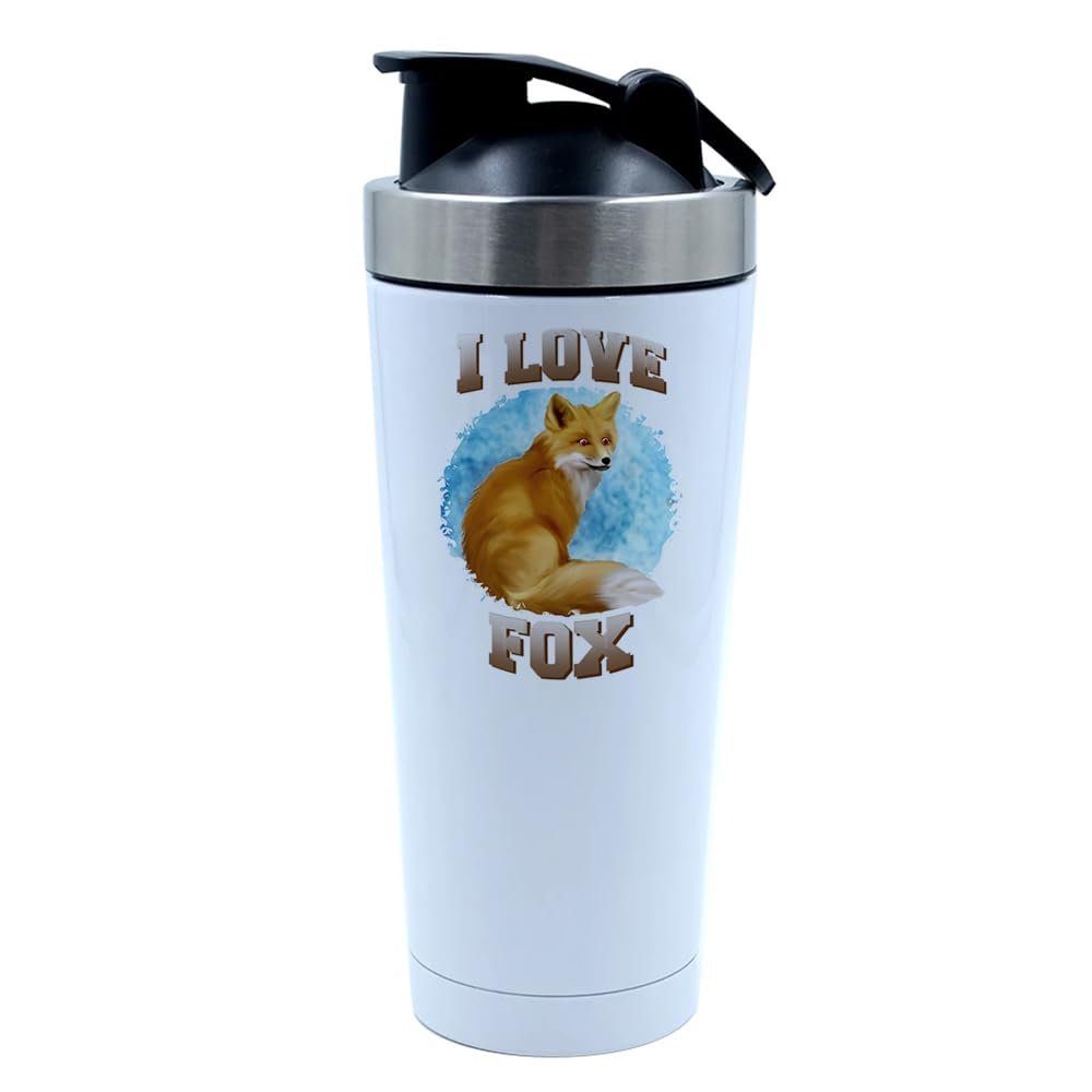 I love Fox, Animal Lover Gift, 500ml Aluminium Shaker Bottle for Supplement Shakes - Easy Clean, Durable Cup. (White)