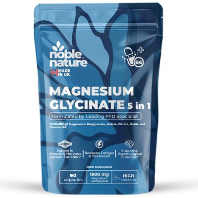 Magnesium Glycinate 5-in-1 Complex Formulated by PhD Expert High Strength 1900mg Supplements as Bisglycinate, Malate, Citrate, Oxide & Vitamin B6-90 GMO Free Capsules, 384mg Elemental, UK Made (90)