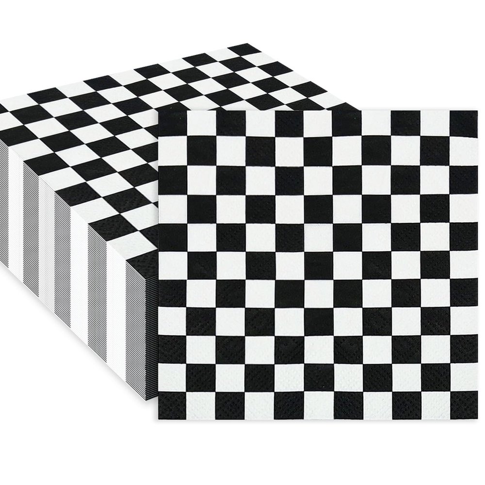 SietDESEO 50 Pieces 3-ply Checkered Flag Napkins Folded 6.5 x 6.5 Inches Disposable Cocktail Napkins Paper Napkins for Dinner Birthday Racing Themed Party Black and White Checkered Napkins