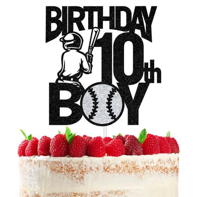 10th Birthday Boy Cake Topper, Baseball 10th Birthday Decorations, Double Digits 10/Level 10 Unlocked Cake Decor, Large Sport Baseball Theme 10th Birthday Party Decoration Supplies, Black Glitter