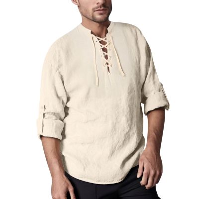 Mymyguoe Linen Shirt Men's Summer Shirt Stand-Up Collar Men's Medieval Shirt Men's Retro Cotton Linen Casual Shirt Long Sleeve Lace-up Shirts Medieval Viking Pirate Costume Hawaiian Shirt, beige, L