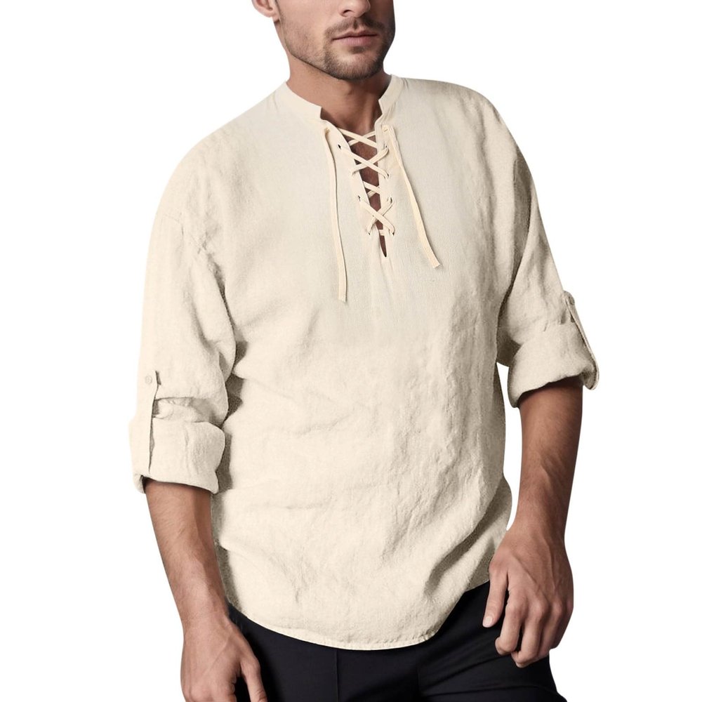 Mymyguoe Linen Shirt Men's Summer Shirt Stand-Up Collar Men's Medieval Shirt Men's Retro Cotton Linen Casual Shirt Long Sleeve Lace-up Shirts Medieval Viking Pirate Costume Hawaiian Shirt, beige, L