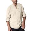Mymyguoe Linen Shirt Men's Summer Shirt Stand-Up Collar Men's Medieval Shirt Men's Retro Cotton Linen Casual Shirt Long Sleeve Lace-up Shirts Medieval Viking Pirate Costume Hawaiian Shirt, beige, L view 1