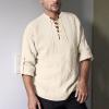 Mymyguoe Linen Shirt Men's Summer Shirt Stand-Up Collar Men's Medieval Shirt Men's Retro Cotton Linen Casual Shirt Long Sleeve Lace-up Shirts Medieval Viking Pirate Costume Hawaiian Shirt, beige, L view 2