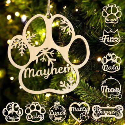 Personalized Dog Cat Paw Ornament Christmas, Custom Pet's Name Ornament, Customized Wooden Dog Paw Ornaments for Christmas Tree