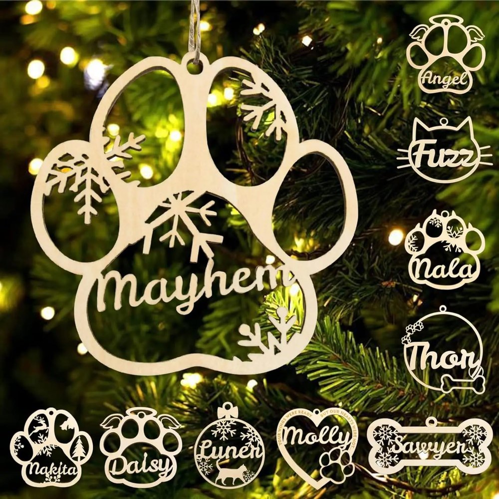 Personalized Dog Cat Paw Ornament Christmas, Custom Pet's Name Ornament, Customized Wooden Dog Paw Ornaments for Christmas Tree