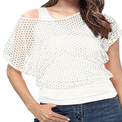 WILDPARTY Women's Casual Sexy Off Shoulder T-Shirt 80s 90s Outfit 80's Costume Fishnet Neon Shirt Summer Short Sleeve, Fishnet Two Pieces--white, XL
