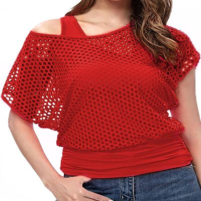 WILDPARTY Women's Casual Sexy Off Shoulder T-Shirt, 80s 90s Outfit 80's Costume Fishnet Neon Shirt Summer Short Sleeve, Fishnet Two Pieces--red, XXL